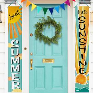 Deroro Sweet Summer Boho Sun Porch Banner Sign, Hello Sunshine Sunrise Cloud Bohemian Front Door Decorative Hanging Banner Flag, Yellow Teal Seasonal Decoration Home Outdoor Decor Deroro Sweet Summer Boho Sun Porch Banner Sign, Hello Sunshine Sunrise Cloud Bohemian Front Door Decorative Hanging Banner Flag, Yellow Teal Seasonal Decoration Home Outdoor Decor