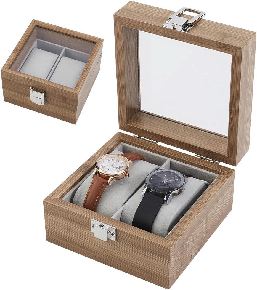 AHANDMAKER Watch Box, 2 Slot Wooden Watch Display Case with Clear Glass Window and Velvet Pillow Watches Storage Organizer Jewelry Holder for Men and Women Christmas Birthday Gifts, Camel