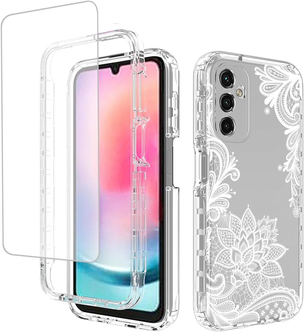 Case for Galaxy A24 4G Case, Samsung A24 4G SM-A245F with Tempered Glass Screen Protector,Floral Design Shockproof Bumper Full Body Protective Cell Phone Cover for Samsung Galaxy A24 Mandala