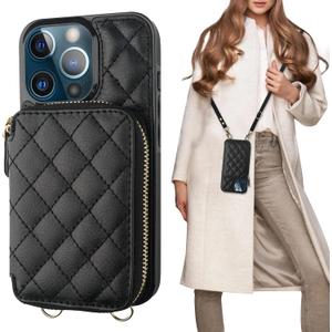 Bocasal Crossbody Wallet Case for iPhone 13 Pro, RFID Blocking PU Leather Zipper Handbag Purse Flip Cover, Kickstand Folio Case with Card Slots Holder Wrist Strap Lanyard 5G 6.1 Inch (Black)