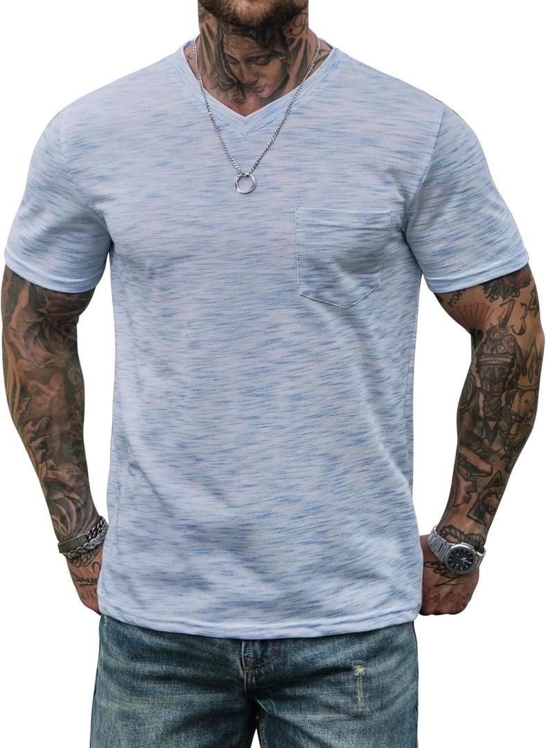 Men's V Neck T Shirts Casual Stylish Fitted Stretch Tee Shirt with Pocket (S-3XL) (L)