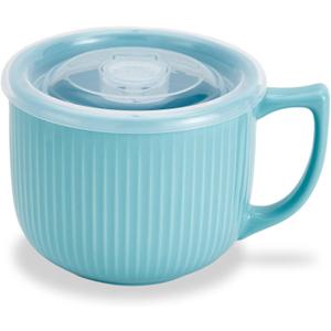 Ceramic Soup Bowl with Handle 32oz  Microwave Ramen Bowl with Lid, Soup Mugs & Cups for Cereal, Oatmeal, Ramen, Instant Noodle, Soup Container with Lid - (Blue)