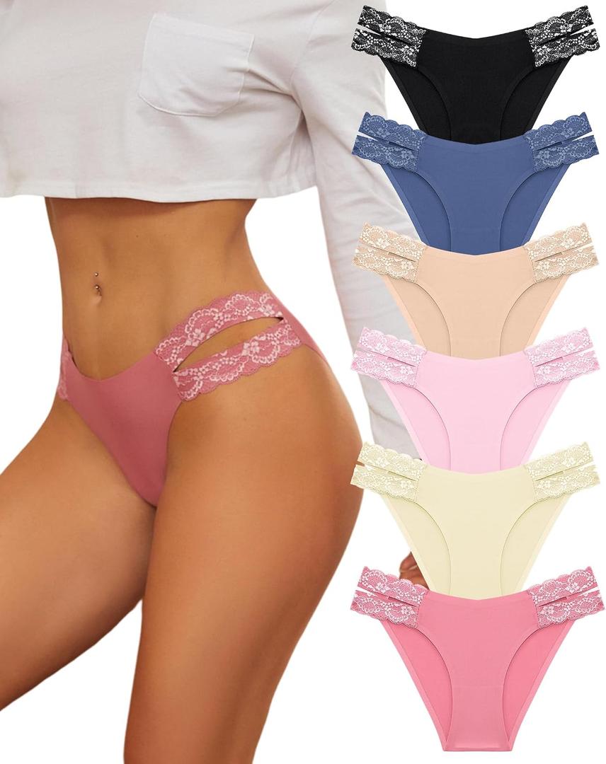 FINETOO Seamless Underwear for Women Cheeky Bikini Panties High Cut V-waist Lace Underwear Women Cute Bikinis 6 Pack (M)