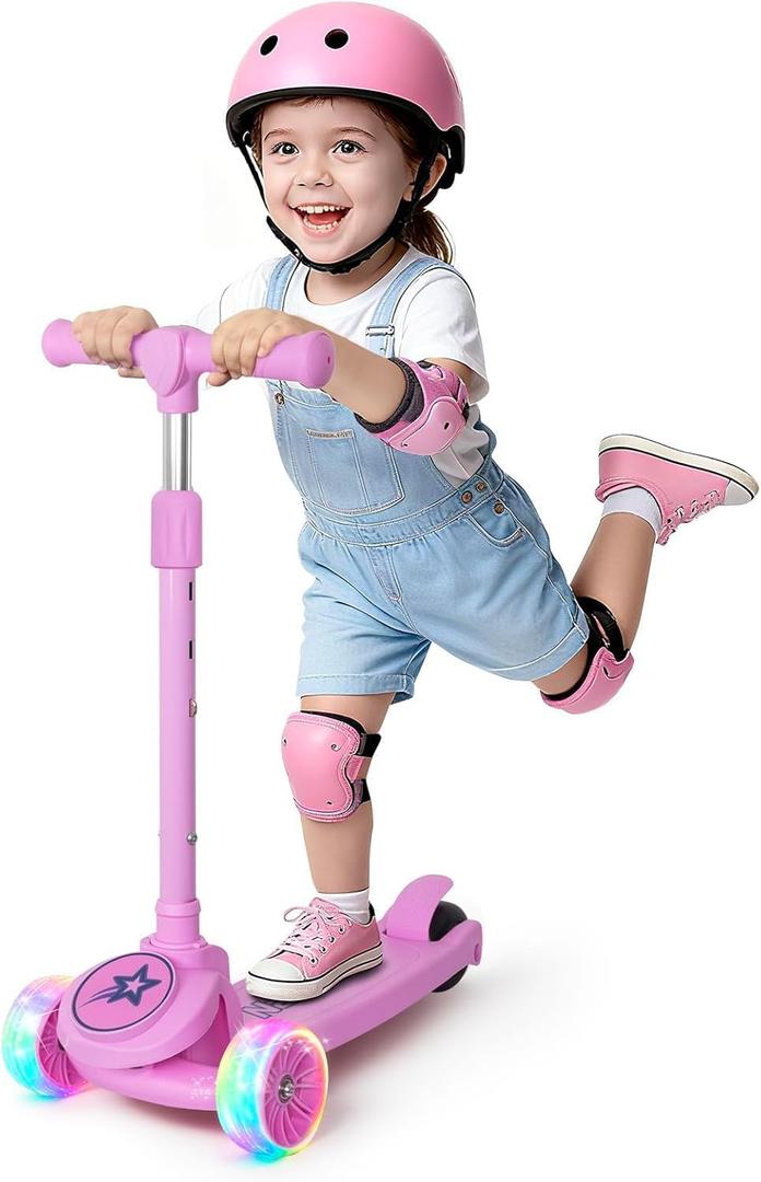 Nattork Kids Scooter for Girls Boys with Light Up Wheels, 3 Adjustable Height Handlebars, Lean-to-Steer Technology, Widen Anti-Slip Deck, 3 Wheel Scooter for kid ages 3-8, Support Riders Up to 110 LBS Pink