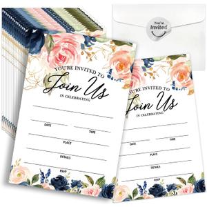 Watercolor Flower Wedding Shaped Fill-In Invitations card 15 Sheets with Envelopes, for Wedding Bridal Showers Engagement Birthday Party Dinner, Pink Watercolor Boho Flower Party Invites