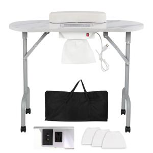 AGESISI Portable Manicure Table Foldable Nail Desk with Charging Station & Dust Collector Professional Nail Tech Table for Technician Spa Salon Workstation, Wrist Pad, 4 Lockable Wheels, White Marbled