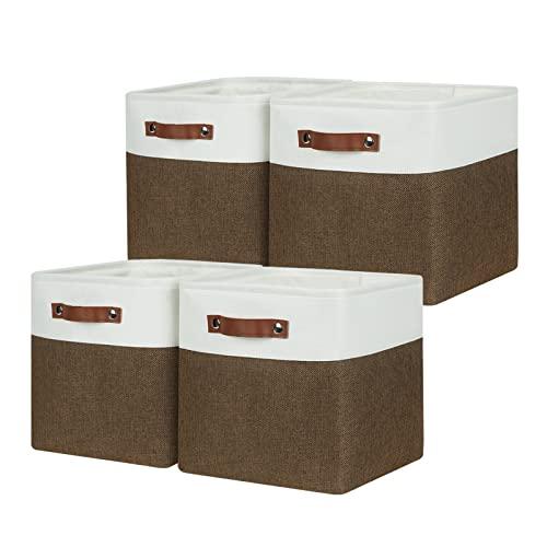 HNZIGE Fabric Storage Baskets 4 Pack,Storage Cube Baskets 11x11, Foldable Cube Storage Bin Baskets for Shelves with Handles, Decorative Storage Bins for Organizer Home Toy Nursery Closet(Brown Gray)