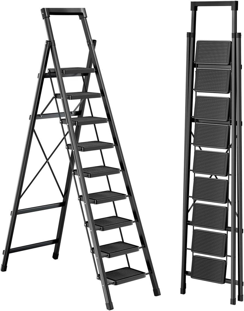 9 Step Ladder with Tray, Portable Step Stool for Adults, Heavy Duty Wide Anti-Slip Sturdy Steel Folding Step Stool Used for Office, Garage, Kitchen & Painting