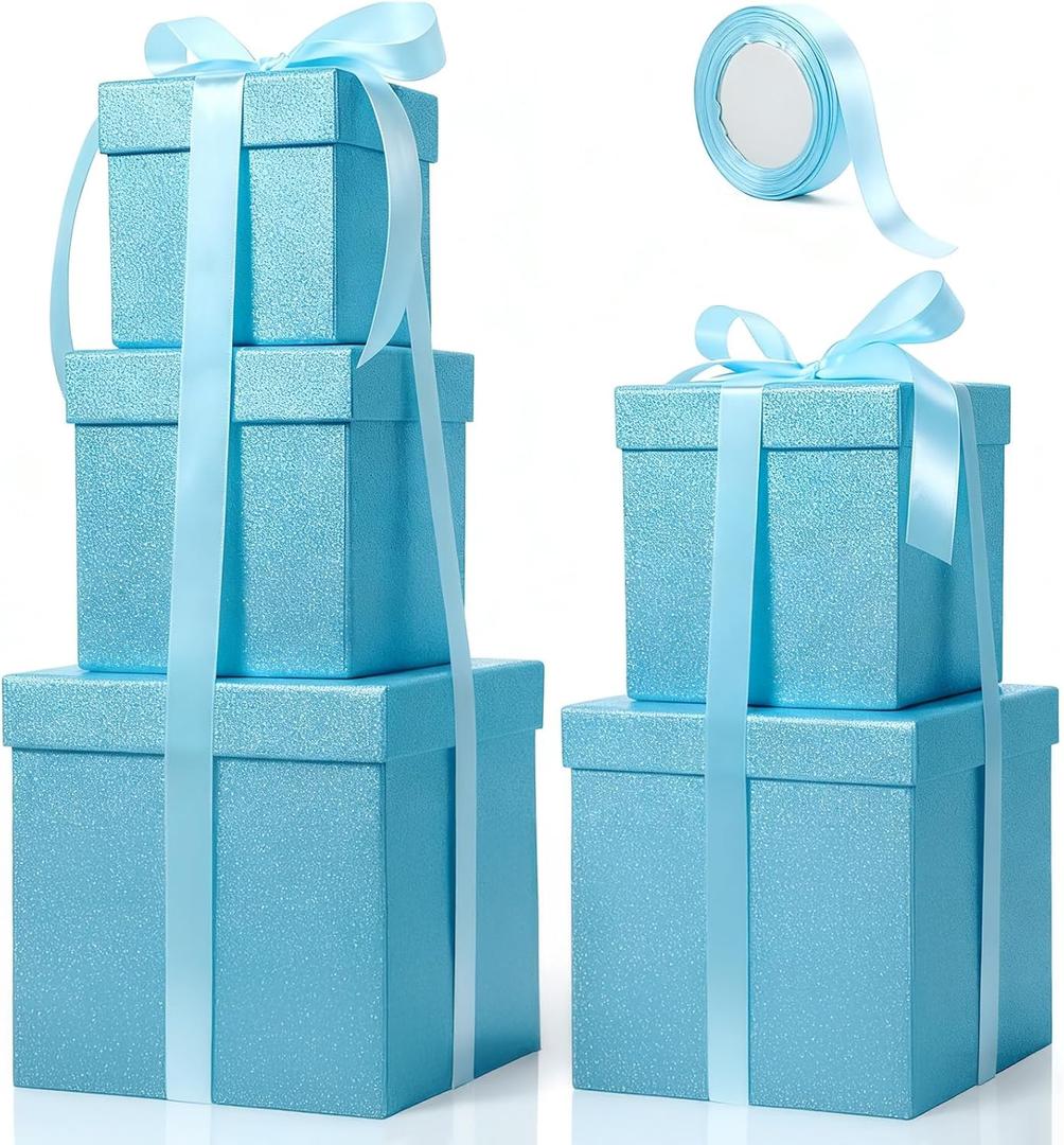 Cholemy 5 Pcs Square Nesting Boxes Decorative Gift Boxes with Lid and Ribbon Assorted Sizes Wrap for Valentines Day, Engagement, Anniversary, Birthday, Bridal Shower Party Gifts(Light Blue)