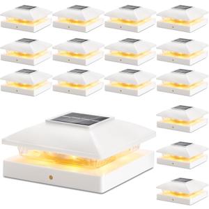 Solar Post Cap Lights Outdoor 16pack, White Waterproof Solar Powered Deck Fence Post Lights Fit 4x4 Wood/Vinyl Posts, Bright Warm White Solar Cap Light Decorate Deck, Patio, Porch, Fence
