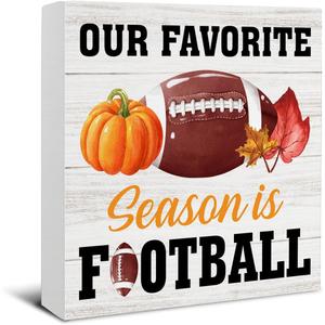Football Decor - Fall Decorations for Home - Fall Decor - Our Favorite Season Is Football Pumpkin Wooden Sign Home Office Living Room Desk Shelf Table Decoration - 5 x 5 Inches