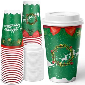 JOYEUX Christmas Disposable Coffee Cups with Lids 16 oz, To Go Coffee Cups, Holiday Paper Cups for Hot Cocoa, Hot Chocolate, Drinks Supplies, Xmas Dinner Party - 40 Pack