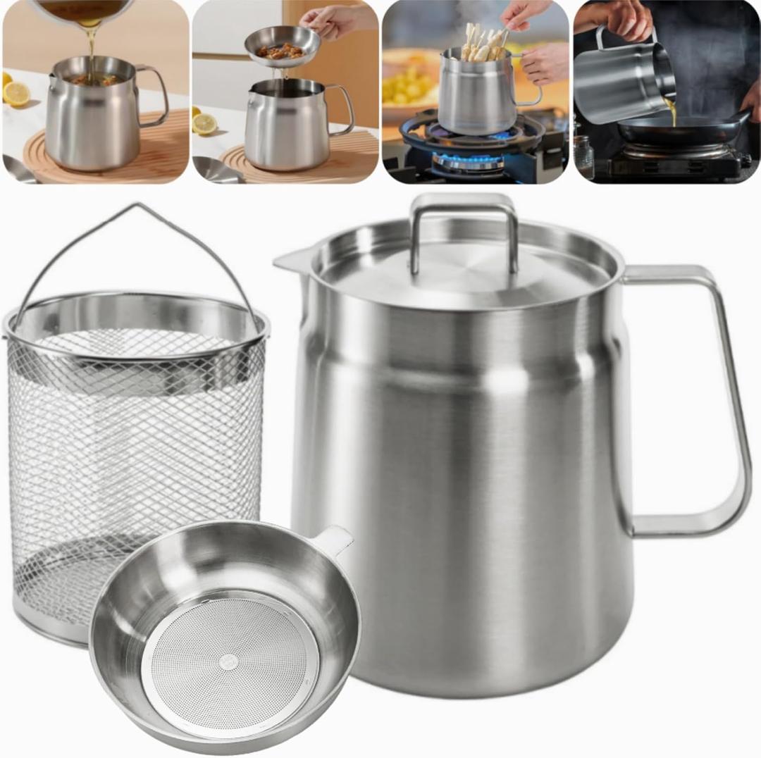 304 Stainless Steel Oil Filter Pot, 68 Oz Deep Fryer Pot with Strainer Basket, Versatile Large Capacity Bacon Grease Container Cooking Oil Saver for Kitchen, Restaurant, Camping