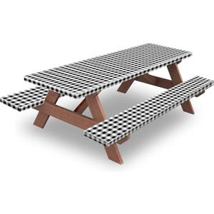8ft Picnic Table and Bench Cover, Camping Essentials RV Gear, 96 in Waterproof Windproof Outdoor Elastic All Around Tablecloth, Fitted Rectangle Tables and Seats, Black-White Checkered