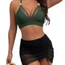 Blooming Jelly Womens High Wasited Bikini Sets Tummy Control Swimsuits Curvy Mesh Swim Skirt (Large, Army Green & Black)