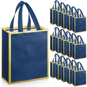 Sweetude 16 Pcs Reusable Gift Bags with Handles Non Woven Reusable Goodie Gift Tote Bags for Wedding Shopping Retail Birthday Holiday Graduation Bridesmaid Favor(Blue Gold,8 x 4 x 10 Inch)