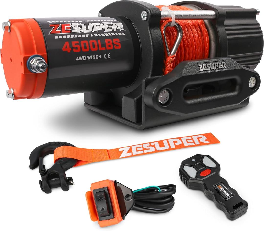 ZESUPER 4500 lb Winch Waterproof IP67 Electric Winch with Wireless Remote Synthetic Winch Rope Hawse Fairlead Handheld Remote ATV UTV Winches 12V Portable Power Winch