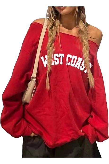 WDIRARA Women's Spiderweb Graphic Off Shoulder Sweatshirt Long Sleeve Pullovers Oversized Top (Red, Large)