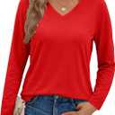 SMENG Women's Long Sleeve Shirts V Neck Cotton Blend T-Shirt Solid Color Breathable Comfy Basic Tee (Medium)