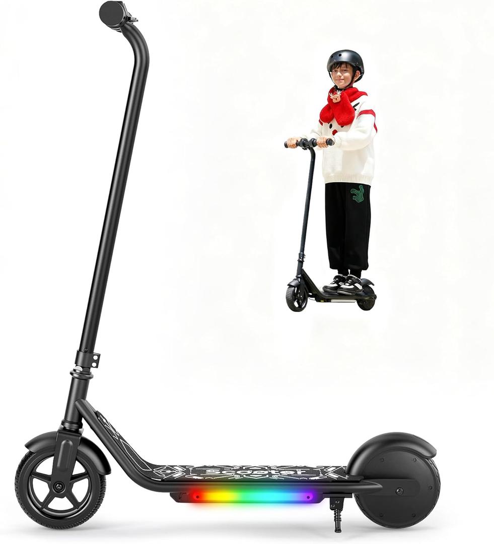 Electric Scooter for Kids, 150W Motor, Simple One-Button Control, 2 Safe Speeds (6/10 MPH), Colorful Lights, Magnetic Charging, Dual Brake System, Ideal Presents for Boys & Girls