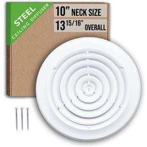 Fits 10 Inch Neck Air Duct | Steel Round Air Supply Diffuser for Ceiling by Handua | Round Diffuser Vent Cover | White | Outer Dimension: 13-15/16"