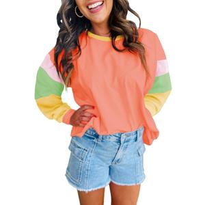 miduo Womens Long Sleeve Tops Color Block Stitching Casual Loose Fit Crew Neck Shirts Blouses (XXL)