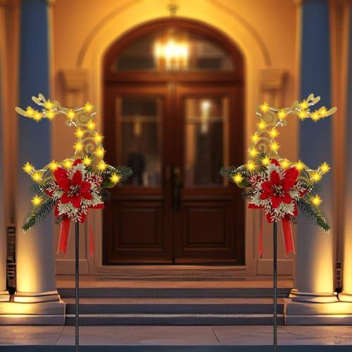 Aombzzj 2 Pcs Solar Stake Christmas Outdoor Decorations Garden Stake Decor LED Christmas Reindeer Stakes for Garden Lawn Yard (Reindeer) Gold