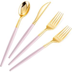 SUT 160Pcs Pink and Gold Plastic Silverware, Heavy Duty Plastic Silverware, Valentines Plastic Utensils, 80 Plastic Forks, 40 Knives, 40 Spoons, Disposable Cutlery for Parties, Valentines(Pink Gold)