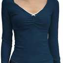Women's Long Sleeve Slimming Tops Sexy Deep V-Neck Lace Trim Solid Color Short Shirt (Blue, S)
