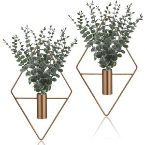 Jexine 4 Pcs Hanging Planters with Artificial Eucalyptus Metal Hanging Vase Indoor Plants Holder Modern Geometric Boho Bathroom Wall Decor for Living Room Home Office (Eucalyptus,Bronze)