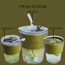 2 x 13oz Avocado Green Iced Coffee Cup with Plastic Lid, Vegan Leather Sleeve, Glass Tumbler with Straw and Lid, Matcha Cup, Hot and Cold Drink, Espresso Mug, (1 Count)