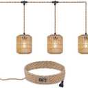 3 Lights Plug in Pendant Light with Cord On/Off Switch Rattan Hanging Lamp with 22ft Hand Woven Wicker Plug in Chandelier Boho Hanging Lights Fixture for Bedroom Kitchen Hallway Foyer