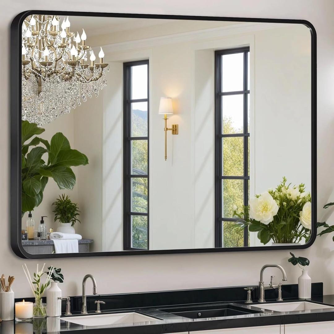 Black Framed Mirror for Bathroom Vanity,Wall Mounted Bathroom Mirrors for Over Sink,24x32in Brushed Rectangle Bedroom Mirror,Modern Decorative for Restroom,Farmhouse,Horizontally or Vertically Hanging