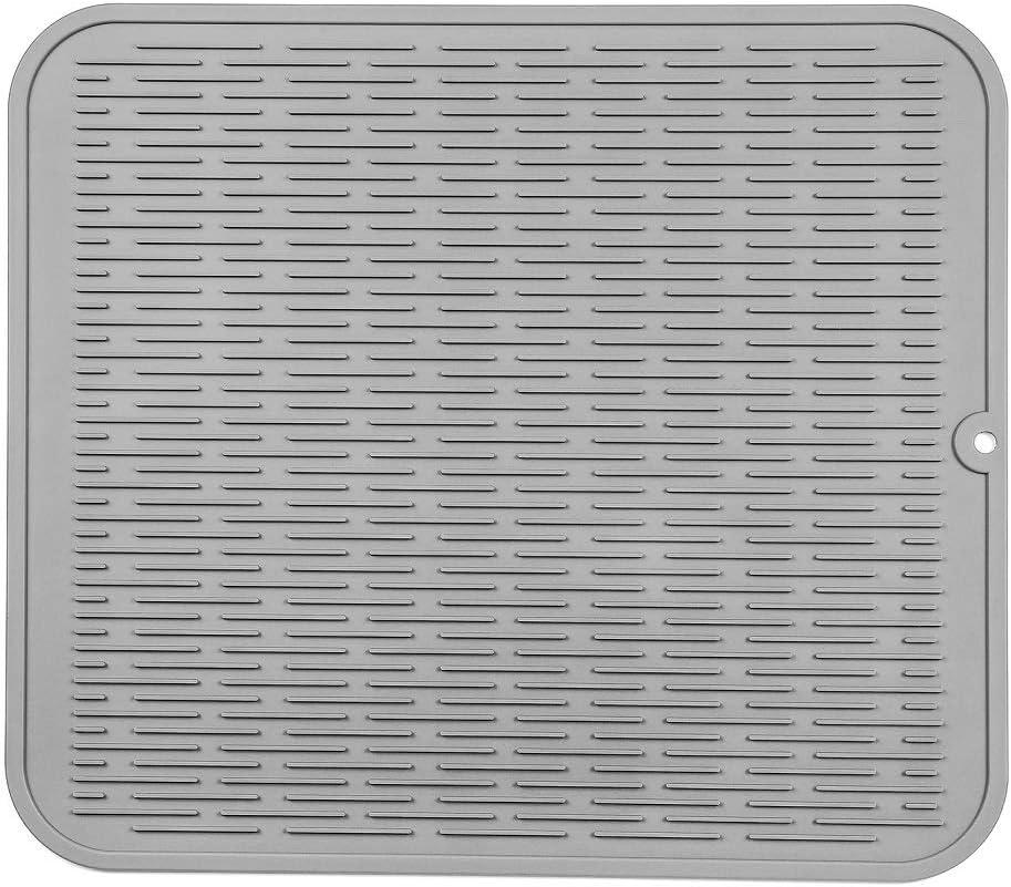 MicoYang Silicone Dish Drying Mat for Multiple Usage,Easy clean,Eco-friendly,Heat-resistant Silicone Mat for Kitchen Counter or Sink,Refrigerator or Drawer Liner Grey XL 18 inches x 16 inches (Gray)