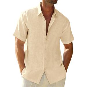 Runcati Mens Button Down Linen Shirts Short Sleeve Casual Summer Beach Tops (Beige)