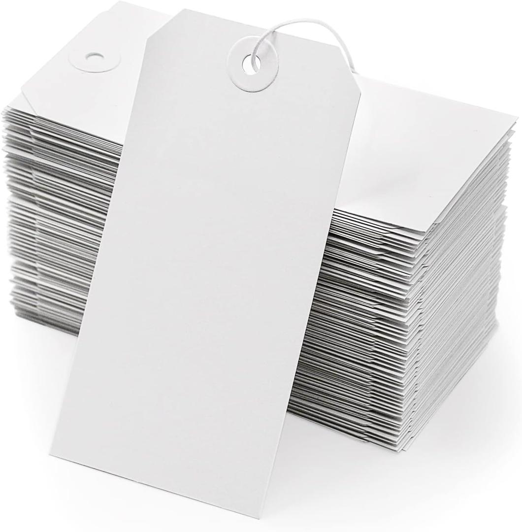 White Shipping Tags with Elastic String - Coideal 60 Pcs Blank Paper Hang Tags Attached Reinforced Hole Strung Cardstock for Labeling Price Inventory Luggage 4 3/4" x 2 3/8"