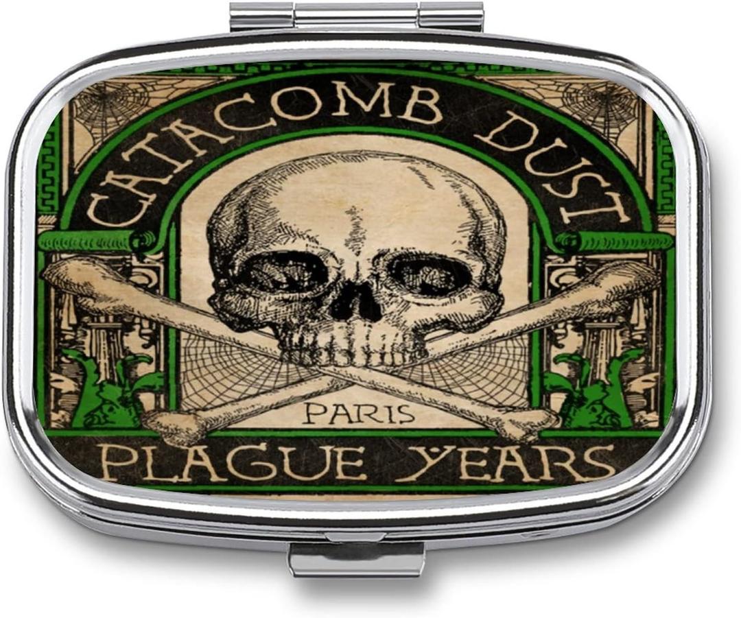 Metal 2 Compartment Pill Organizer Travel Friendly Portable Compact Box Cute Case to Hold Vitamins/Tylenol/Fish Oil/Supplements/Meds/Tablet for Purse/Pocket (Skull), 1.97 x 0.79 0.39 Inch