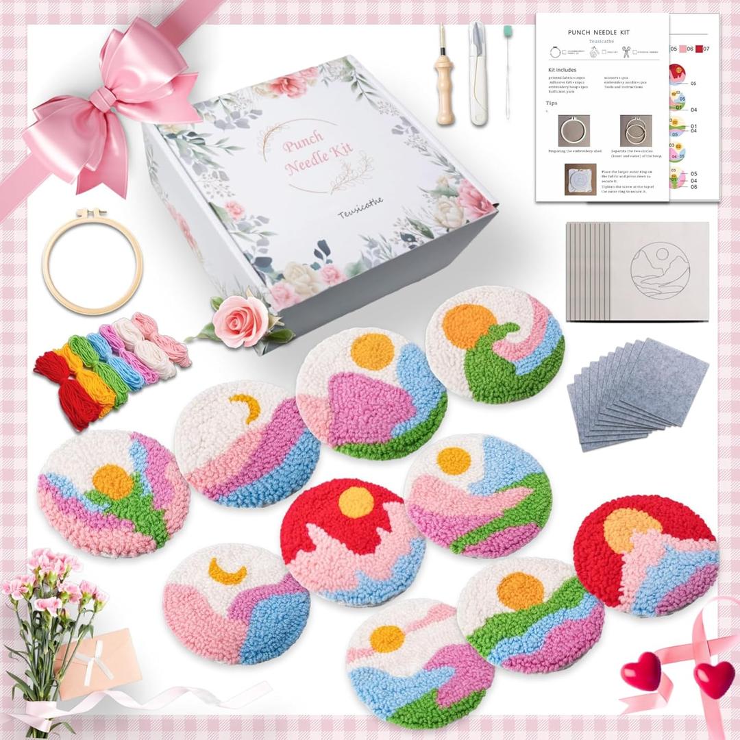 10PCS Punch Needle Coaster Kit, for Beginners, Children and Adultspunch Needle Embroidery Kit, Includes Pattern, Tools, Yarn, Hoop, Instructions