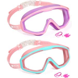 Water Space 2 Pack Swimming Goggles for Kids Boys Girls 3-15, Wide Vision Anti-fog UV Protection and Waterproof