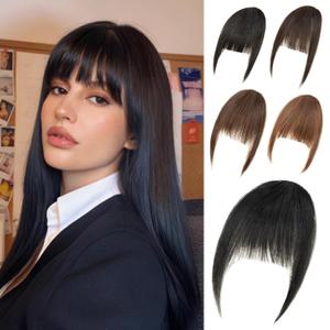 100% Real Human Hair French Bangs Hair Clip Fringe Bangs Extensions Clip in Bangs 8 Inch Short Straight Hairpiece Temples Hairpieces Fake Front Bangs Extensions for Women (Black)