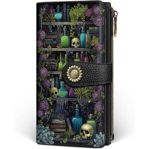 GIANCOMICS Goth Book Shelf Womens Wallet RFID Blocking, Gothic Skull Witchy Credit Card Holder Bifold, PU Leather Travel Billfold, Long Cute Cash Purse, Zipper Coin Pocket Clutch, Ladies Gift Woman