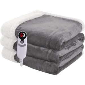 Heated Blanket Electric Throw Size 50''x60'' with 9 Heating Levels, 1-10 Hour Auto Shut Off, Machine Washable, Flannel & Sherpa Double-Sided Soft Warming Blanket for Couch, Bed, Office - Light Grey