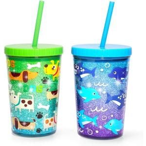 Home Tune 14oz Kids Tumbler Water Drinking Cup 2 Pack - BPA Free, Straw Lid Cup, Reusable, Lightweight, Spill-Proof Water Bottle with Cute Design for Girls & Boys - Shark & Dog