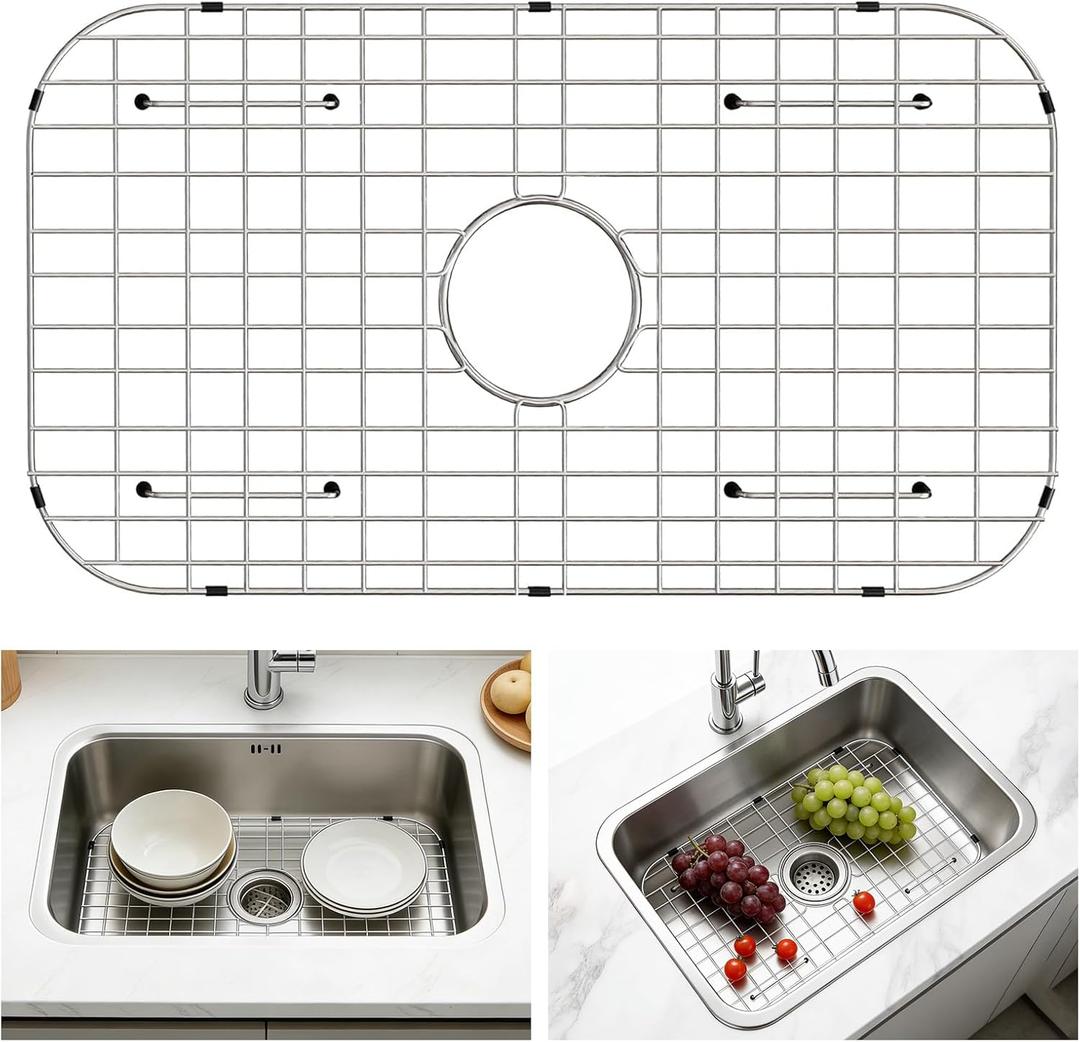 GUUKIN Sink Protectors for Kitchen Sink Bottom, 24" x 12"Stainless Steel Sink Protector with Center Drain Hole, Sink Rack with Extra Replacement White Rubber Feet