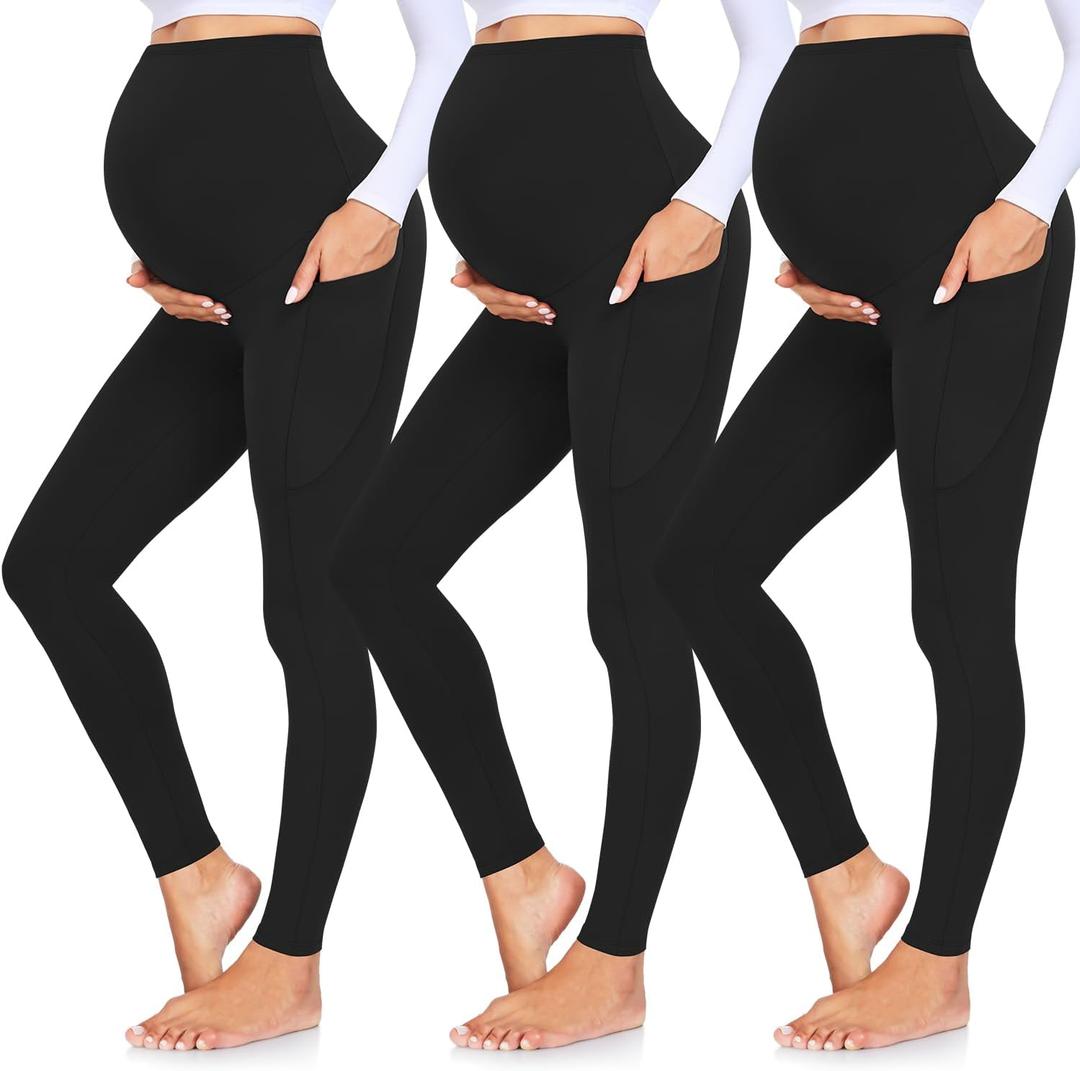 GROTEEN 3 Pack Women's Maternity Leggings Over The Belly with Pockets Super Soft Workout Pregnancy Yoga Pants (Large, 01-black/Black/Black)