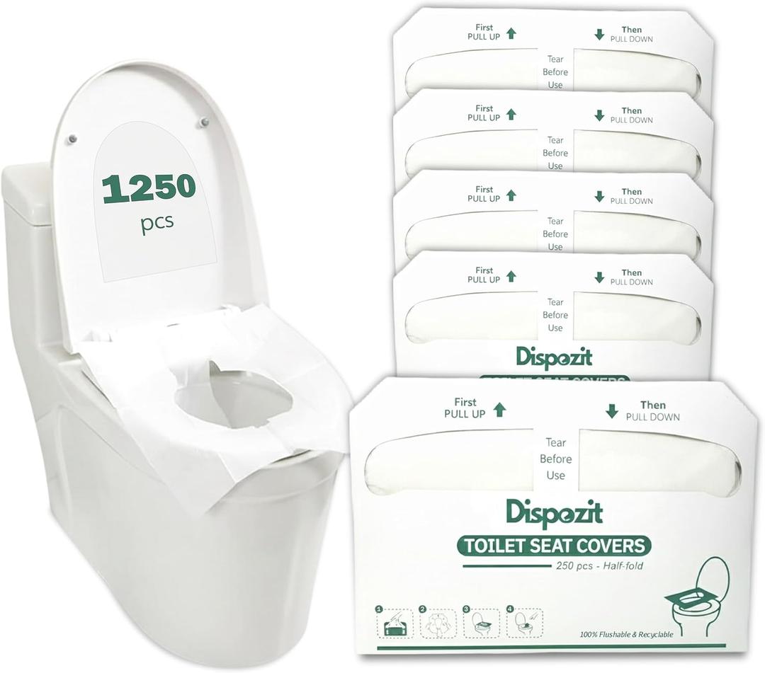 1250 Pcs Disposable Flushable Toilet Seat Covers (5 Packs of 250 Pcs) | 100% Biodegradable Commercial Toilet Seat Covers | Half-Fold Wall Dispenser Compatible | DISPOZIT Safe Liners