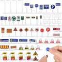 NUOBESTY 56Pcs Traffic Signs for Kids, Mini Road Signs and Traffic Light Toy Set, Educational Road Construction Toys for Train Table Accessories, Car Garage Playing, Learning