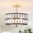 Bed Bath & Beyond 3-Light Crystal Ceiling Light Fixture Semi Flush Mount Chandelier with Drum Shade Black/French Gold