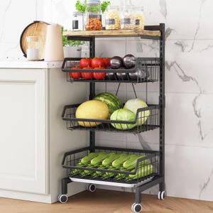 COVAODQ Fruit Basket 4-Tier Adjustable Fruit Vegetable Basket Cart Metal Wire Storage Cart Rolling Pantry Utility Kitchen Cart (Black W/Top Plate)