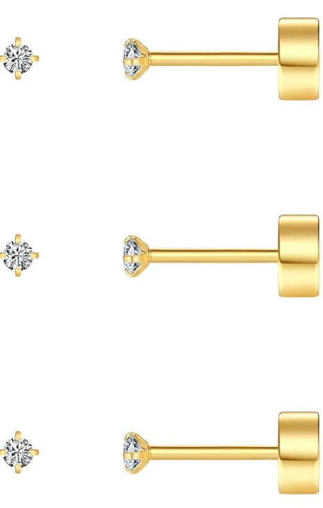 3 Pcs Tiny Flat Back Earrings for Women Men 14K Gold Plated Surgical Stainless Steel Stud Earrings Cubic Zirconia Cartilage Earring Hypoallergenic Piercing Jewelry, 2-4mm